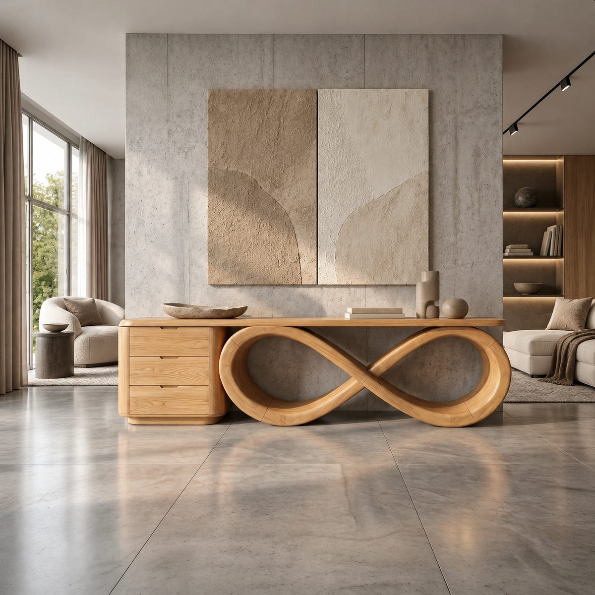 Contemporary Infinity Loop Console Table With 2 Drawers For Living Room