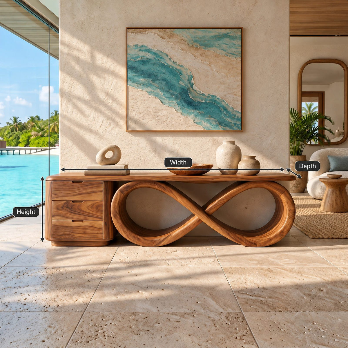 Contemporary Infinity Loop Console Table With 2 Drawers For Living Room