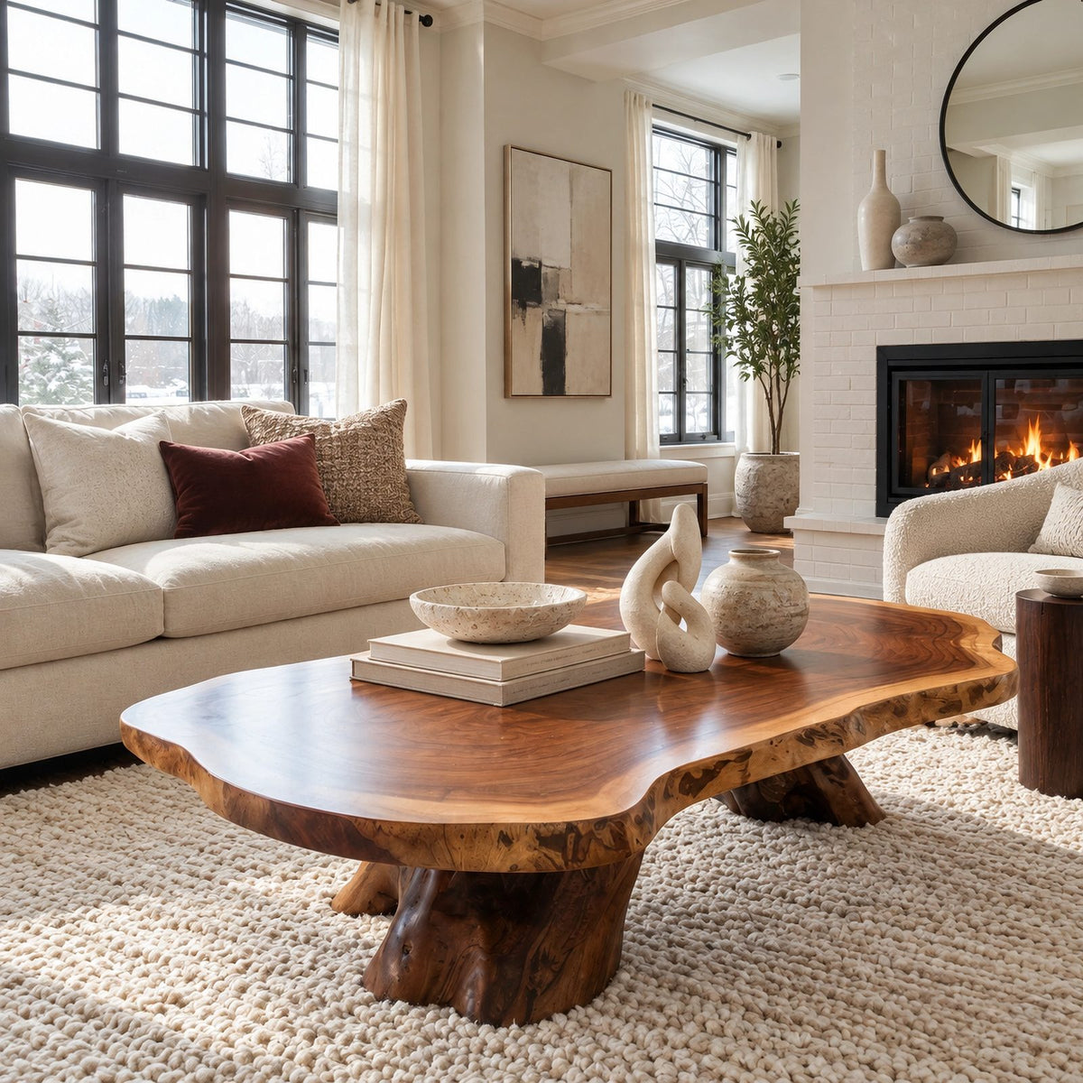 Rustic Live Edge Coffee Table With Tree Stump Pedestal For Living Room