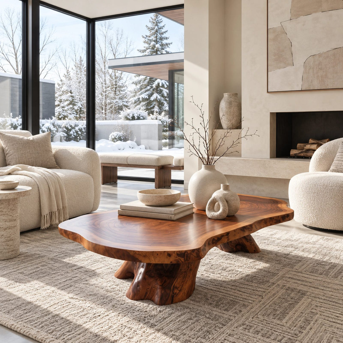 Rustic Live Edge Coffee Table With Tree Stump Pedestal For Living Room