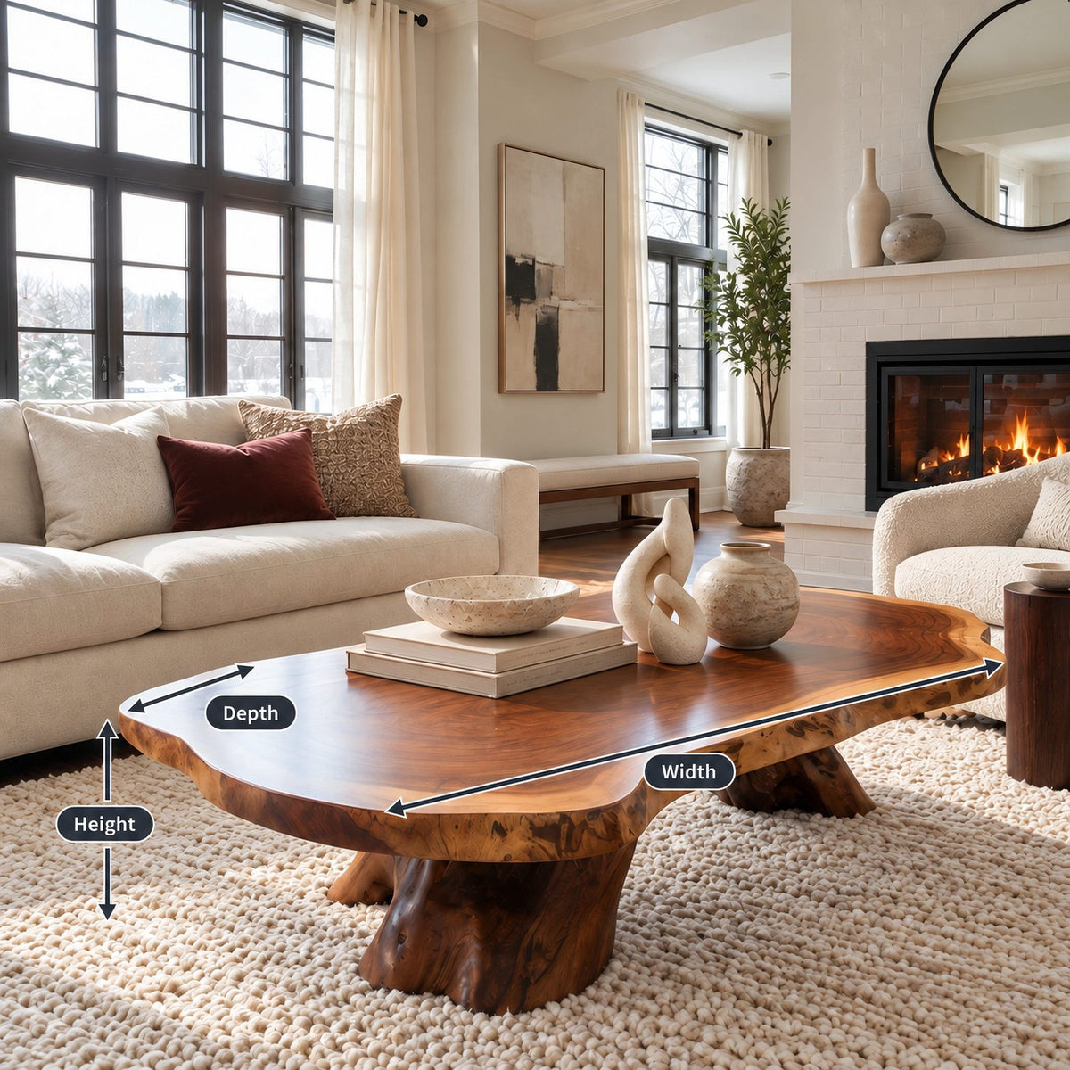 Rustic Live Edge Coffee Table With Tree Stump Pedestal For Living Room