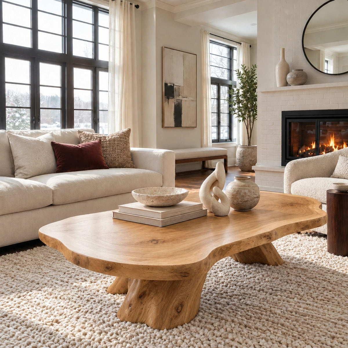 Rustic Live Edge Coffee Table With Tree Stump Pedestal For Living Room