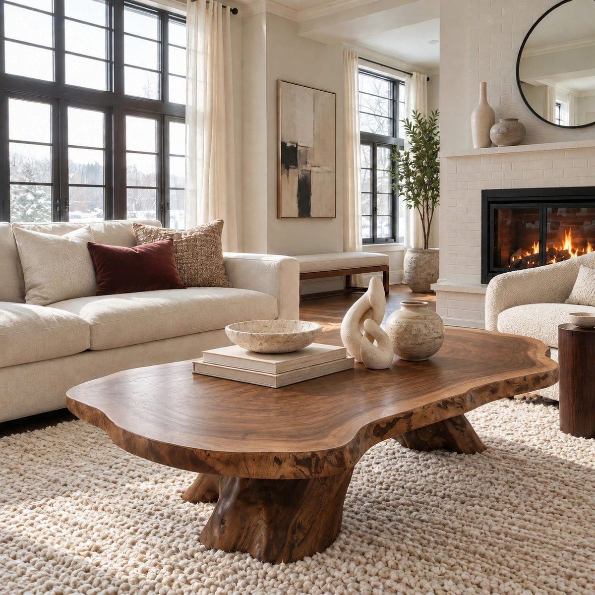 Rustic Live Edge Coffee Table With Tree Stump Pedestal For Living Room