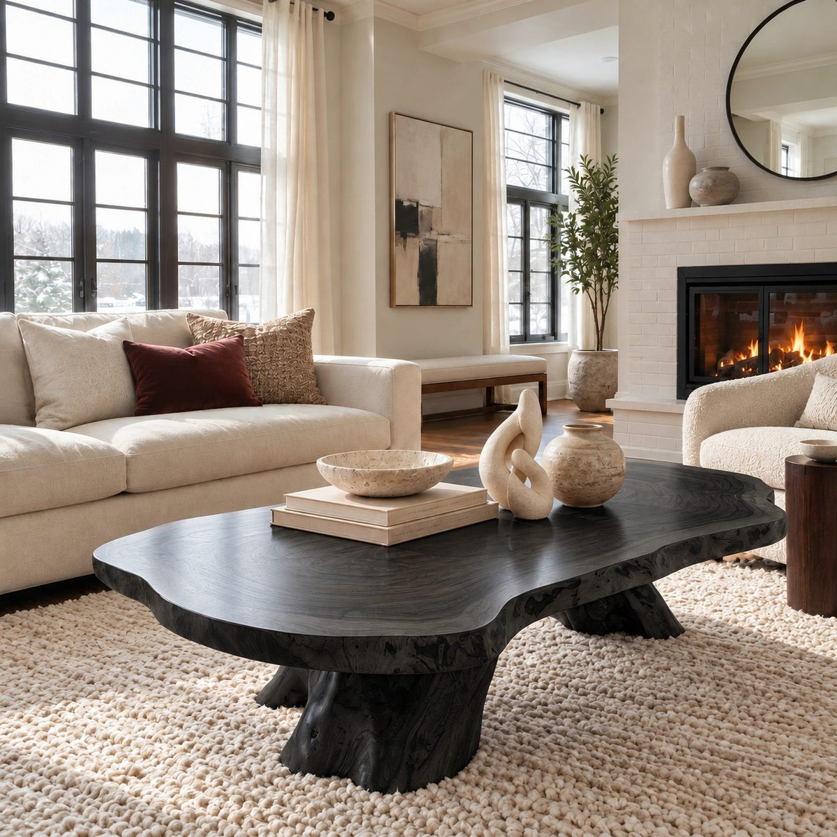Rustic Live Edge Coffee Table With Tree Stump Pedestal For Living Room