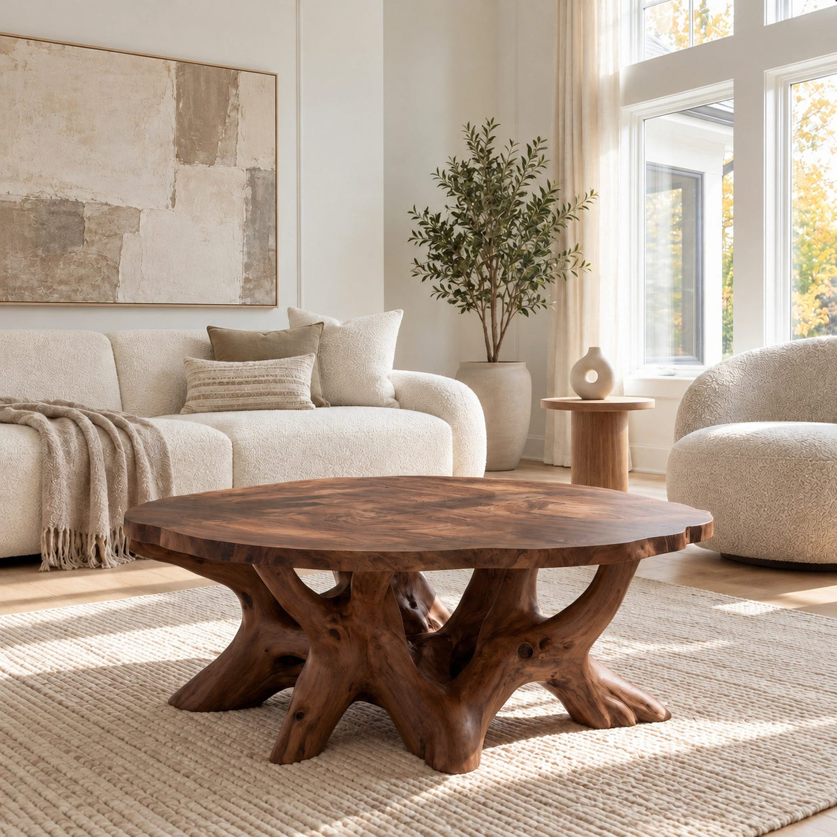 Sculptural Round Coffee Table With Branching Root Legs For Living Room