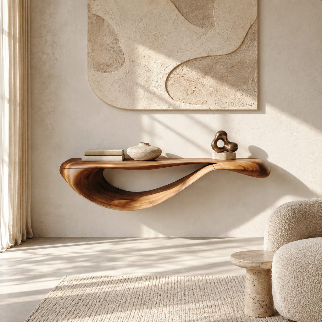 Modern Floating Console Table With Sculpted Wave Profile For Living Room