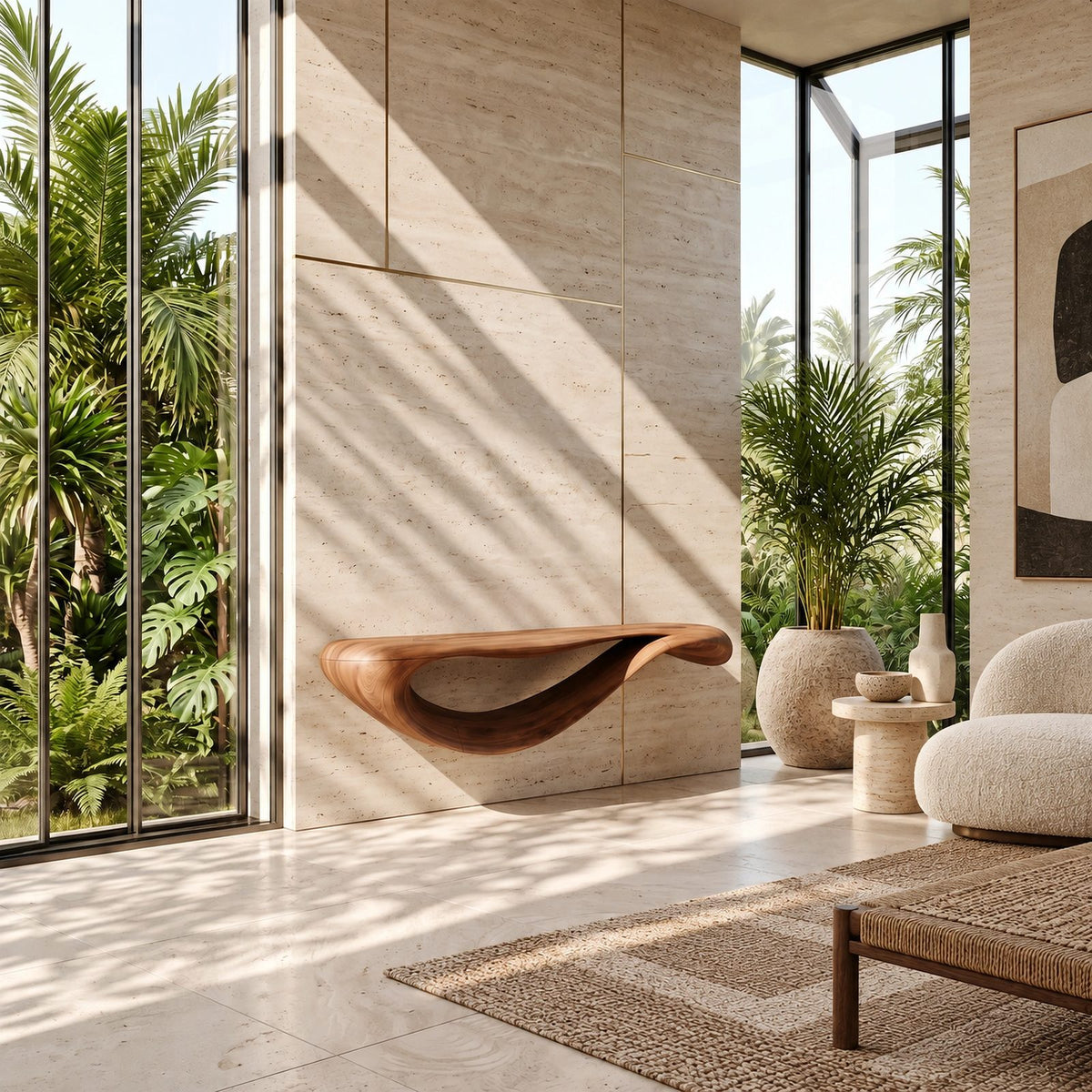 Modern Floating Console Table With Sculpted Wave Profile For Living Room