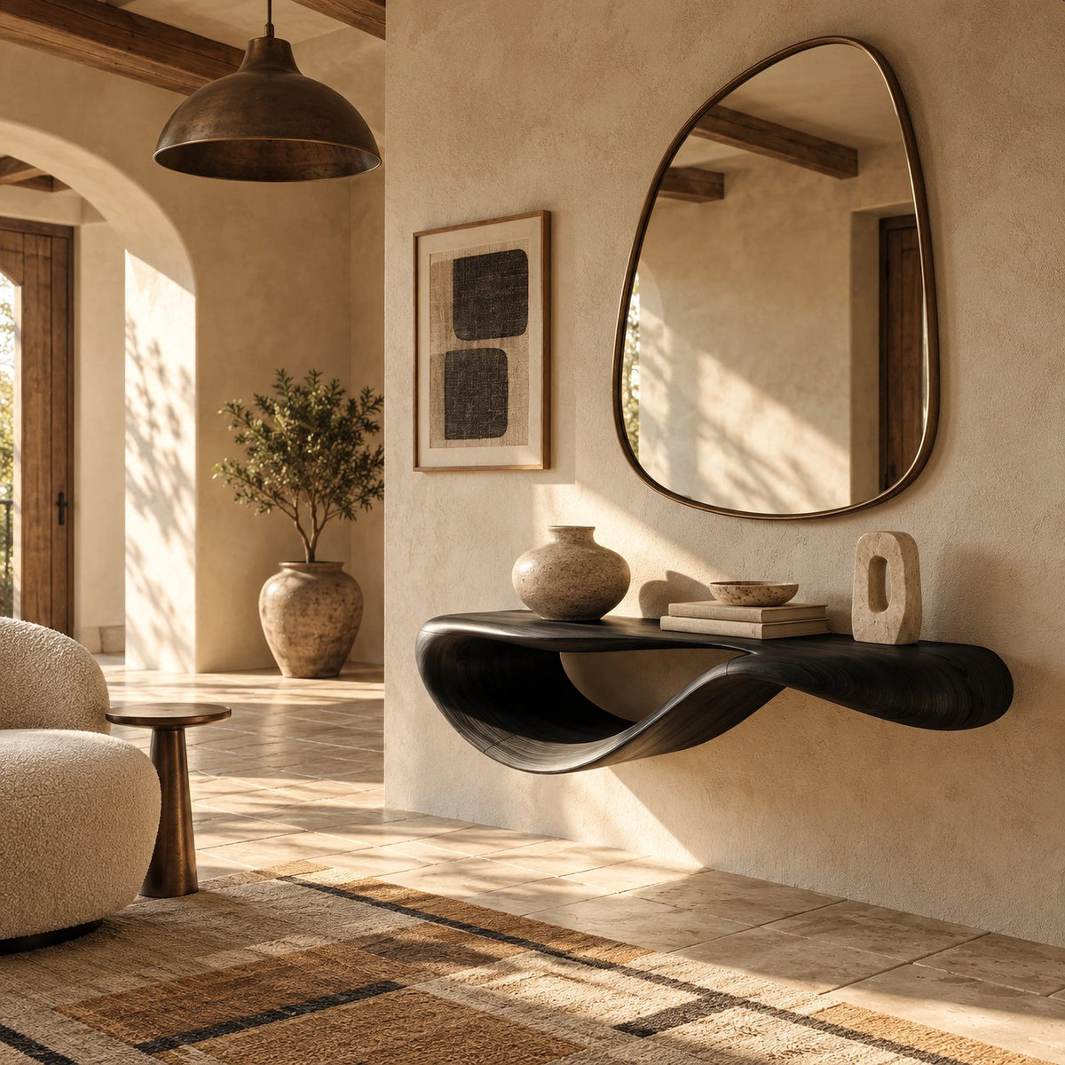 Modern Floating Console Table With Sculpted Wave Profile For Living Room