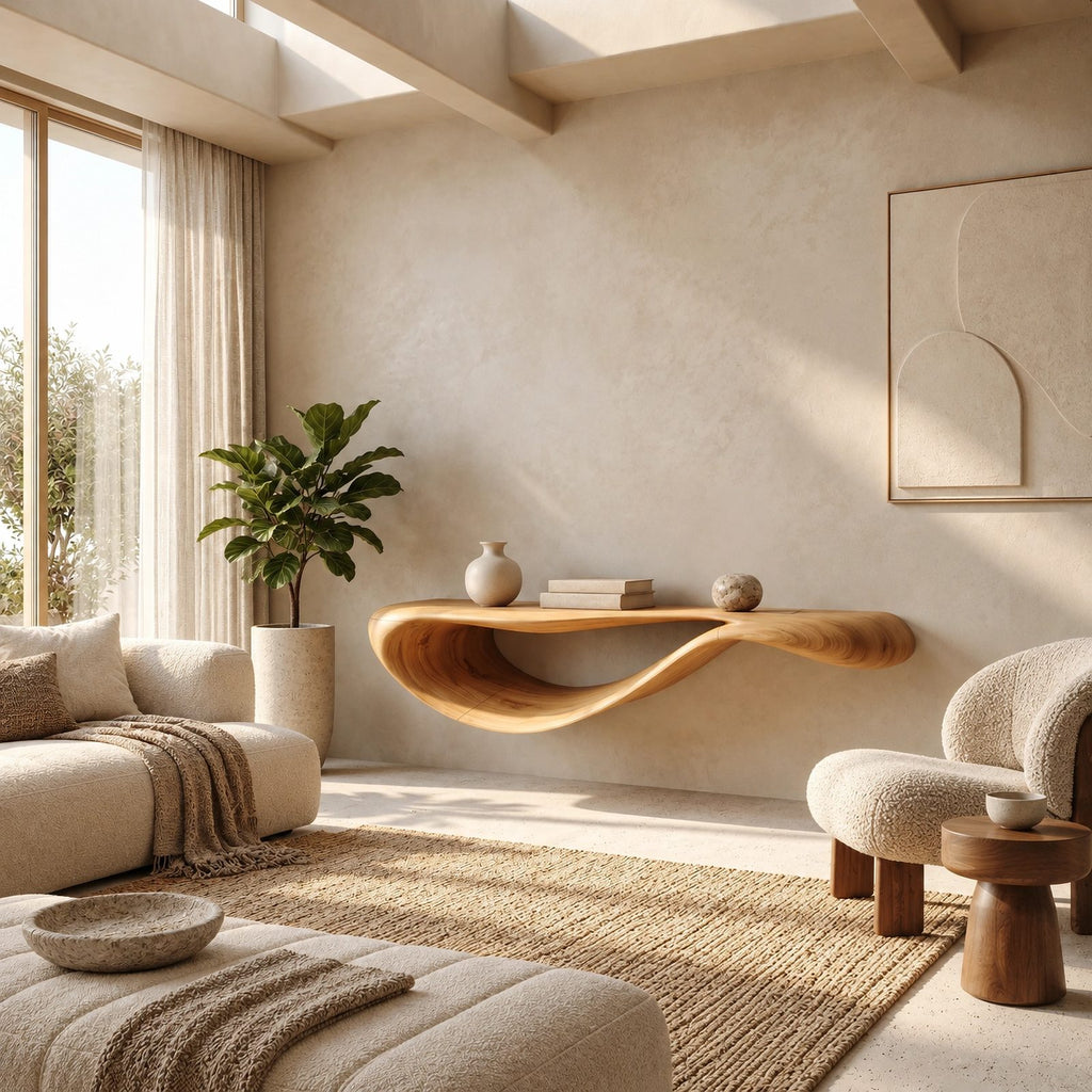 Modern Floating Console Table With Sculpted Wave Profile For Living Room