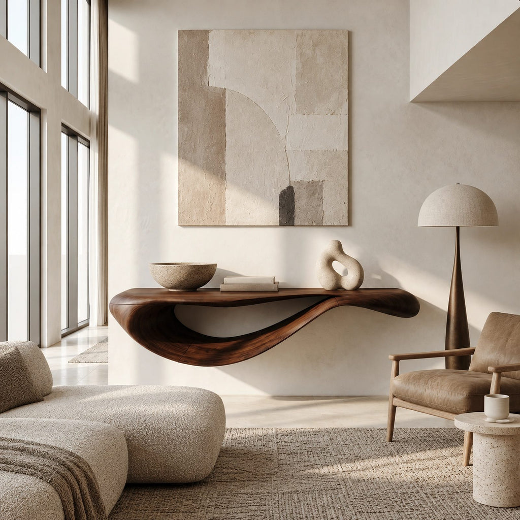 Modern Floating Console Table With Sculpted Wave Profile For Living Room