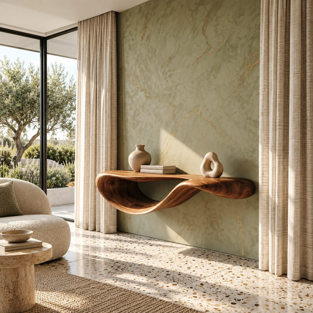 Modern Floating Console Table With Sculpted Wave Profile For Living Room