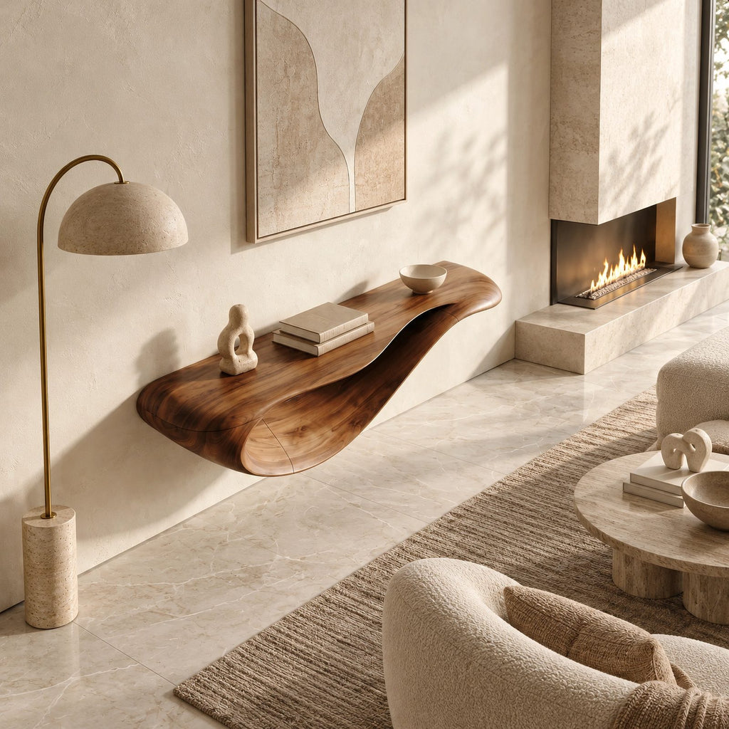 Modern Floating Console Table With Sculpted Wave Profile For Living Room