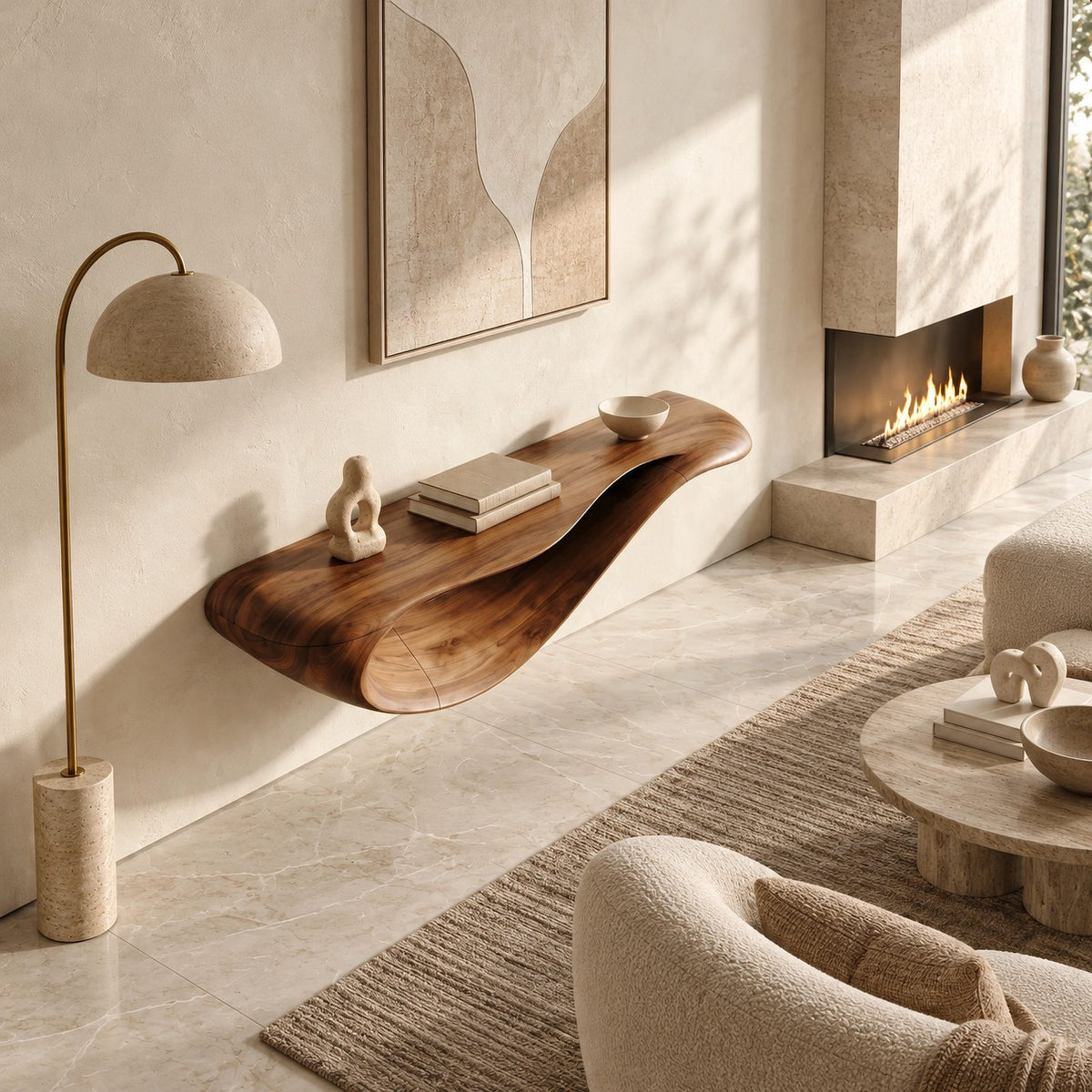 Modern Floating Console Table With Sculpted Wave Profile For Living Room