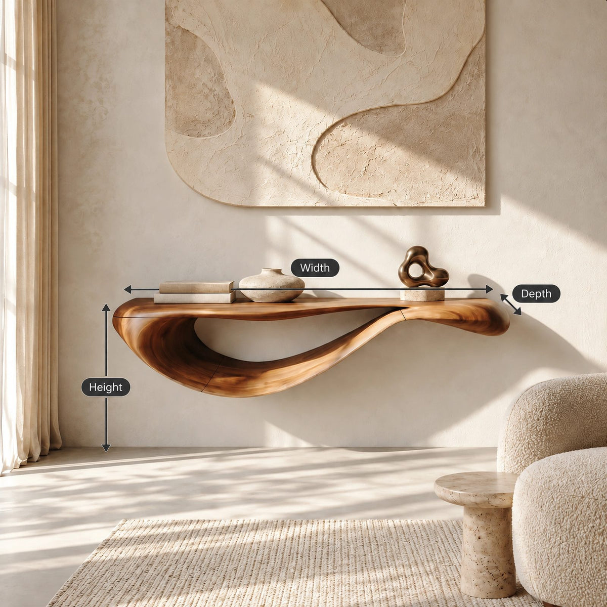 Modern Floating Console Table With Sculpted Wave Profile For Living Room
