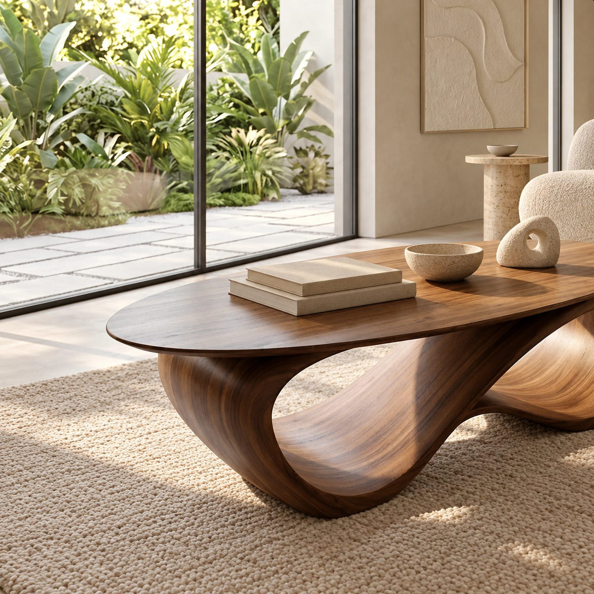 Contemporary Oval Coffee Table With Continuous Wave Base For Living Room