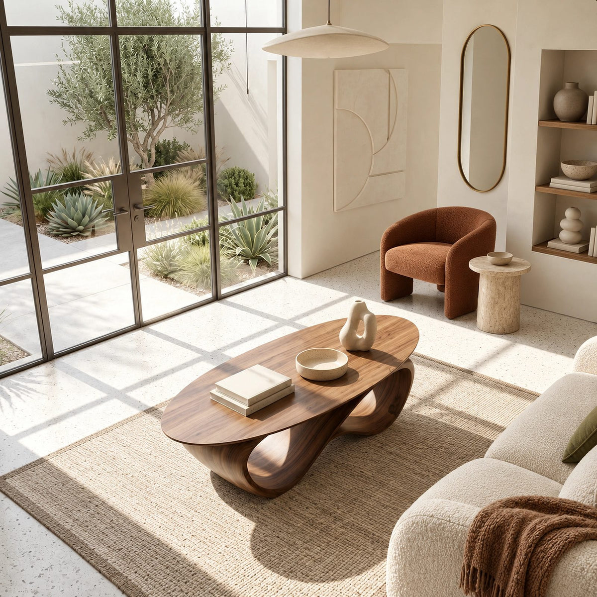 Contemporary Oval Coffee Table With Continuous Wave Base For Living Room