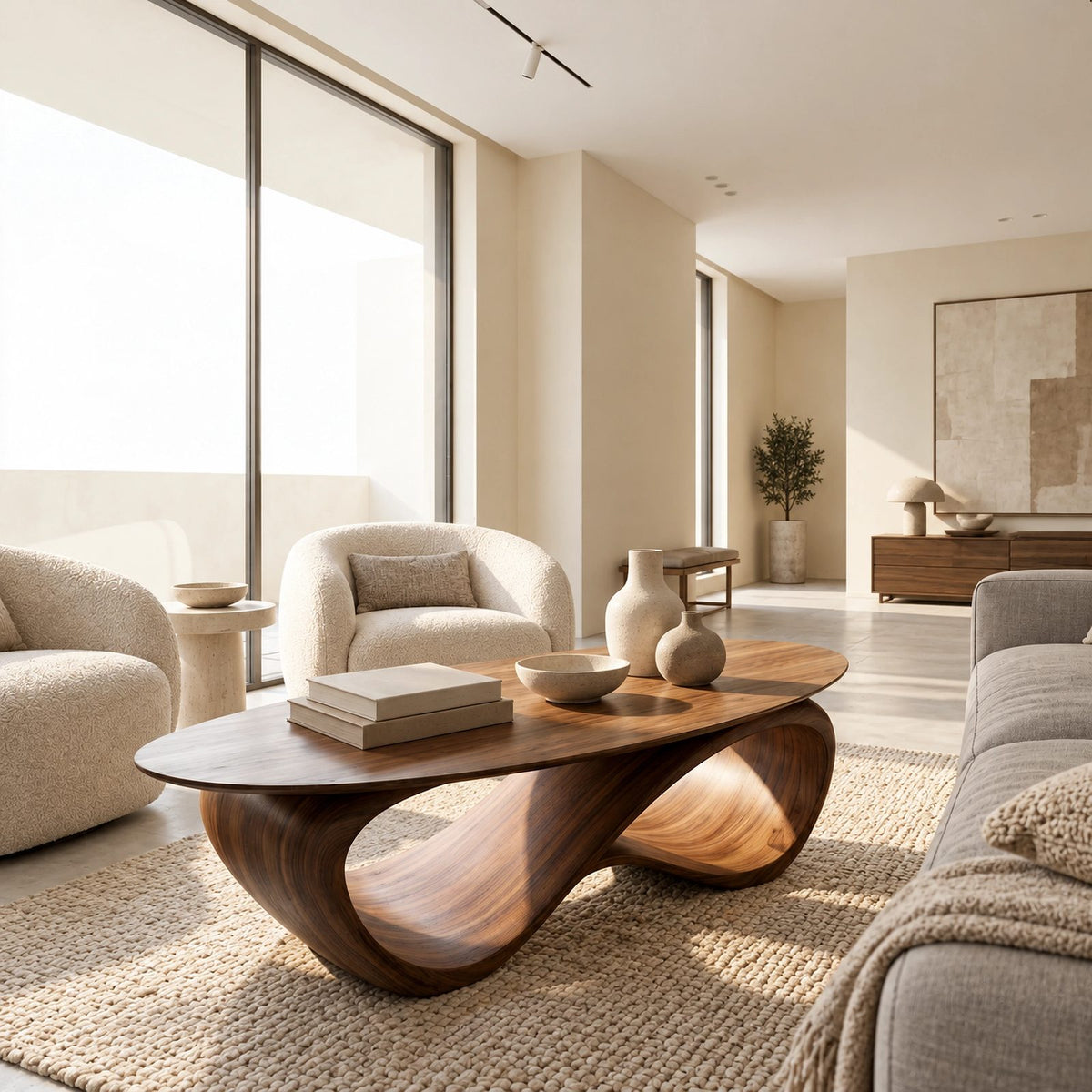 Contemporary Oval Coffee Table With Continuous Wave Base For Living Room
