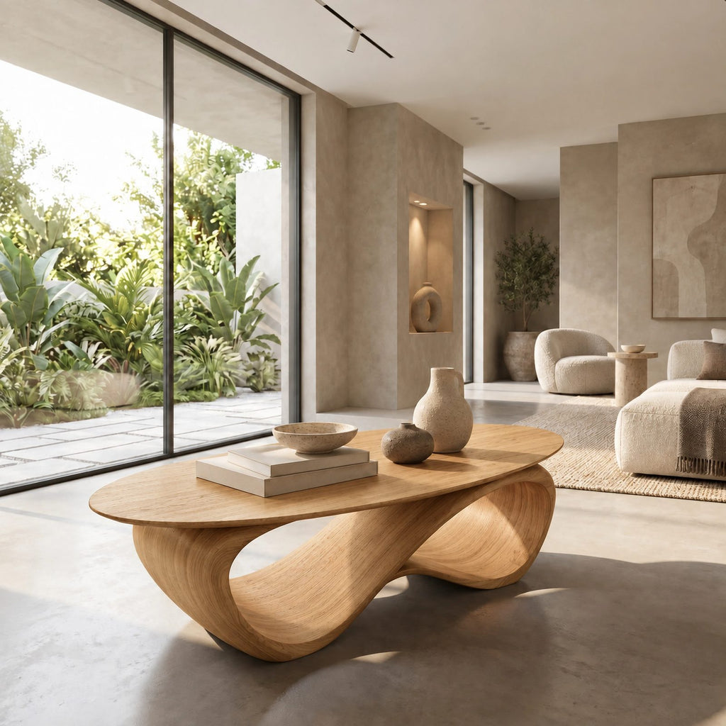 Contemporary Oval Coffee Table With Continuous Wave Base For Living Room