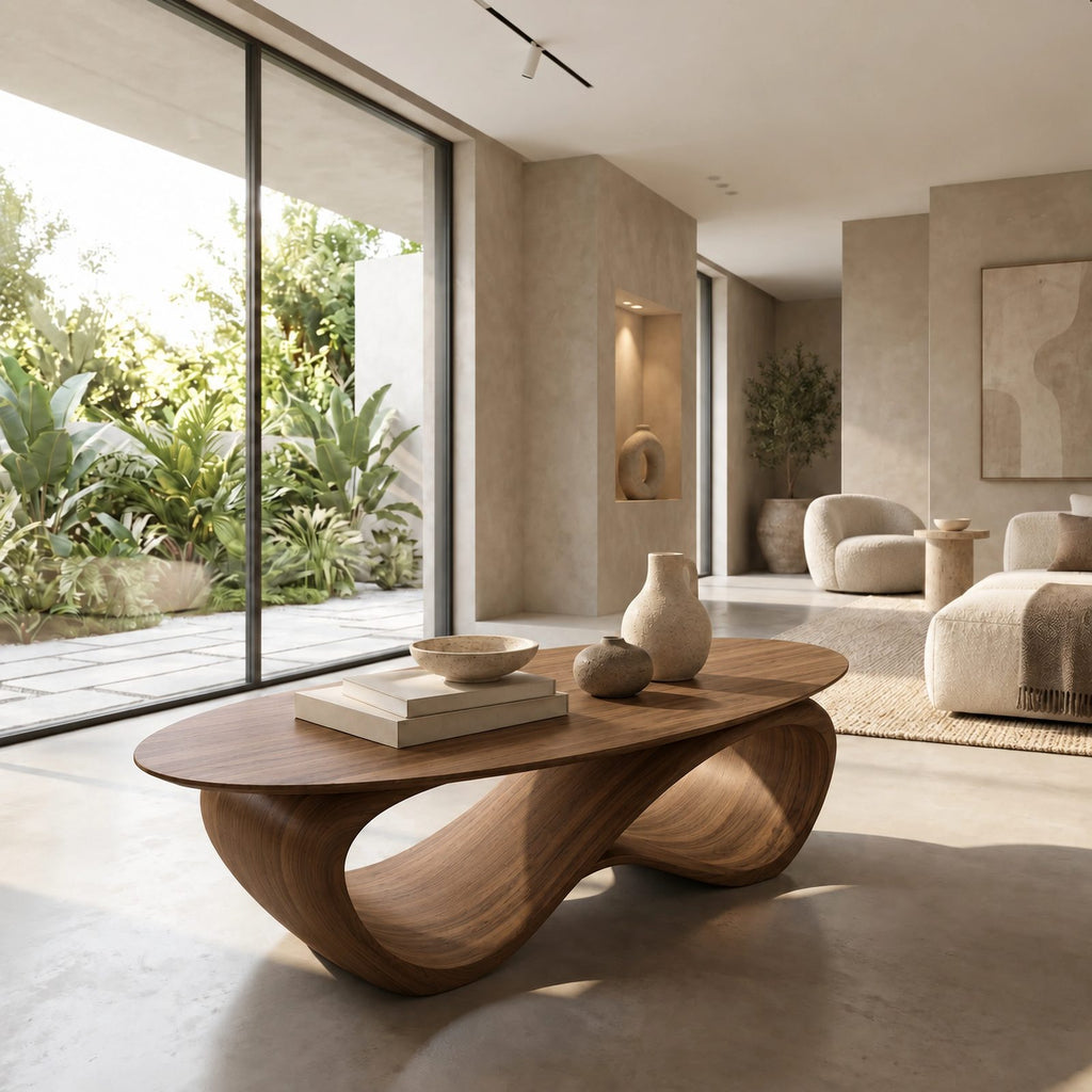 Contemporary Oval Coffee Table With Continuous Wave Base For Living Room