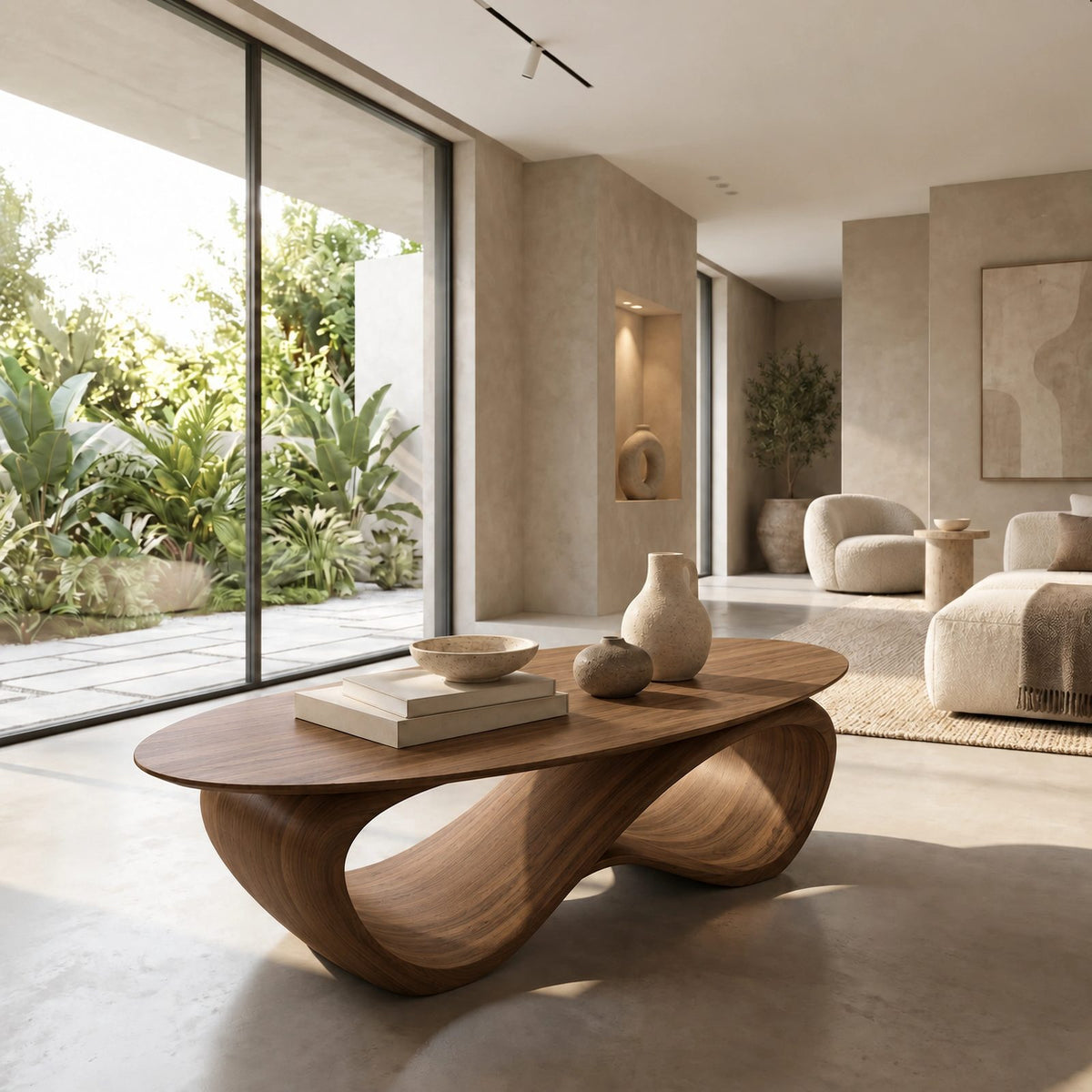 Contemporary Oval Coffee Table With Continuous Wave Base For Living Room
