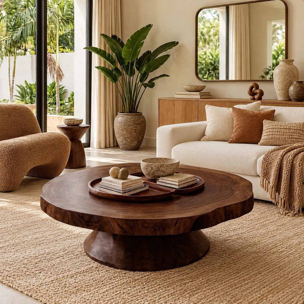 Statement Round Coffee Table With Conical Pedestal Base For Living Room