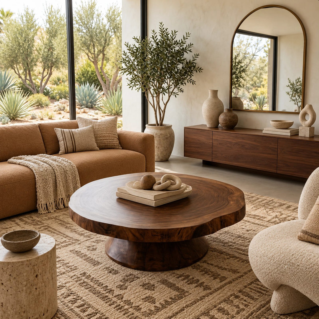 Statement Round Coffee Table With Conical Pedestal Base For Living Room