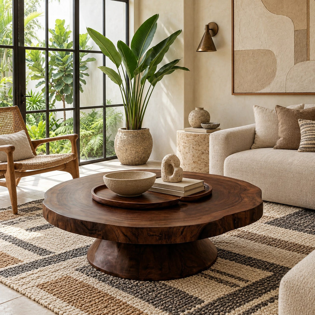 Statement Round Coffee Table With Conical Pedestal Base For Living Room