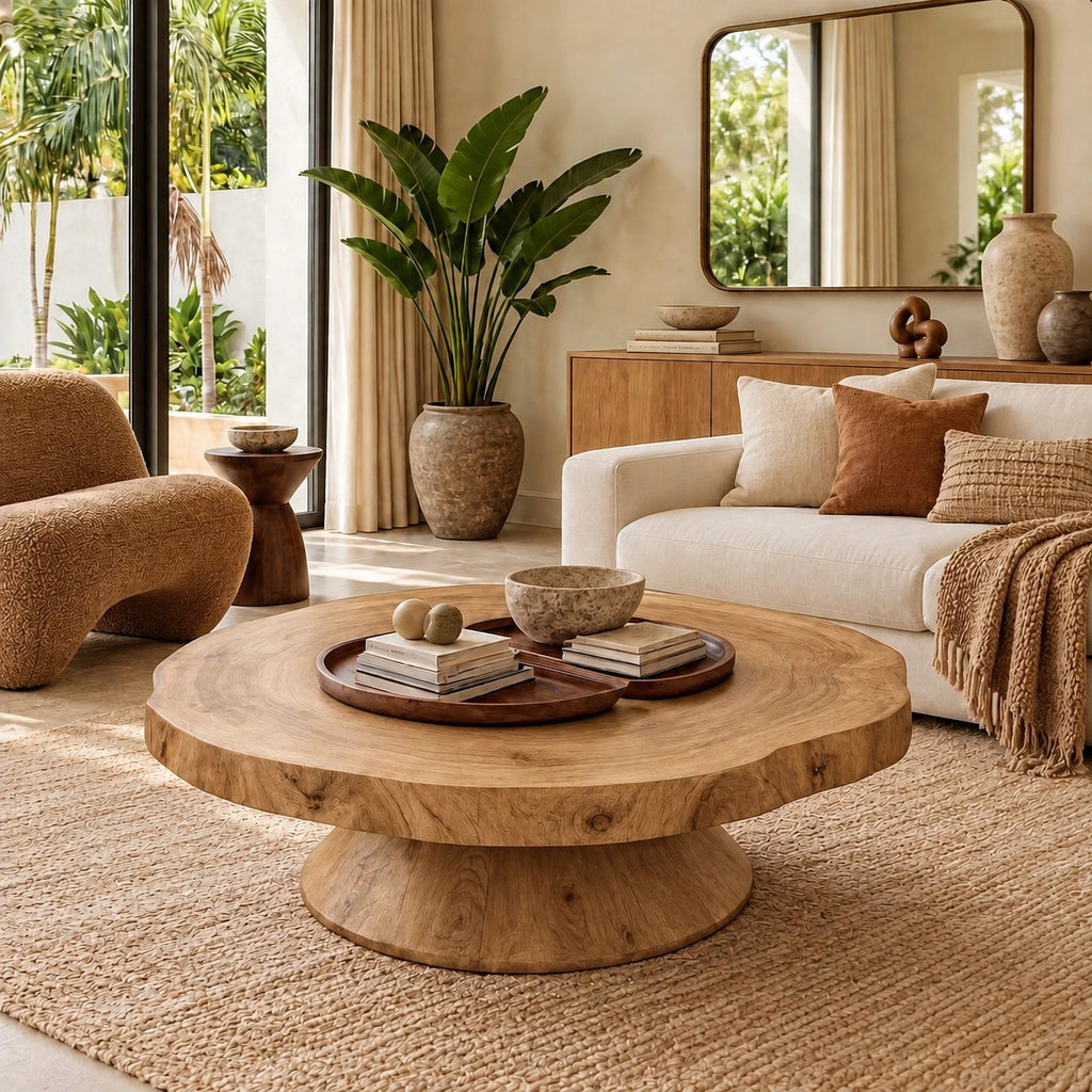 Statement Round Coffee Table With Conical Pedestal Base For Living Room