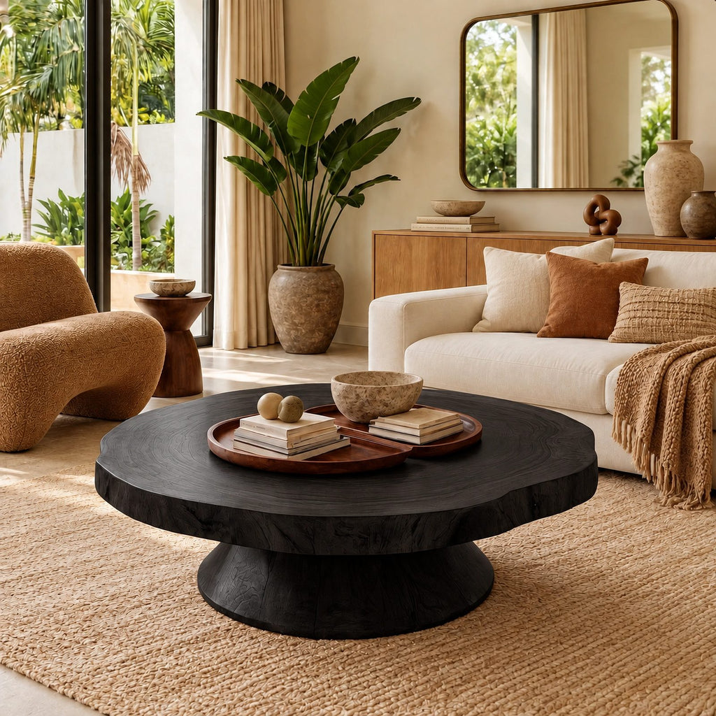Statement Round Coffee Table With Conical Pedestal Base For Living Room
