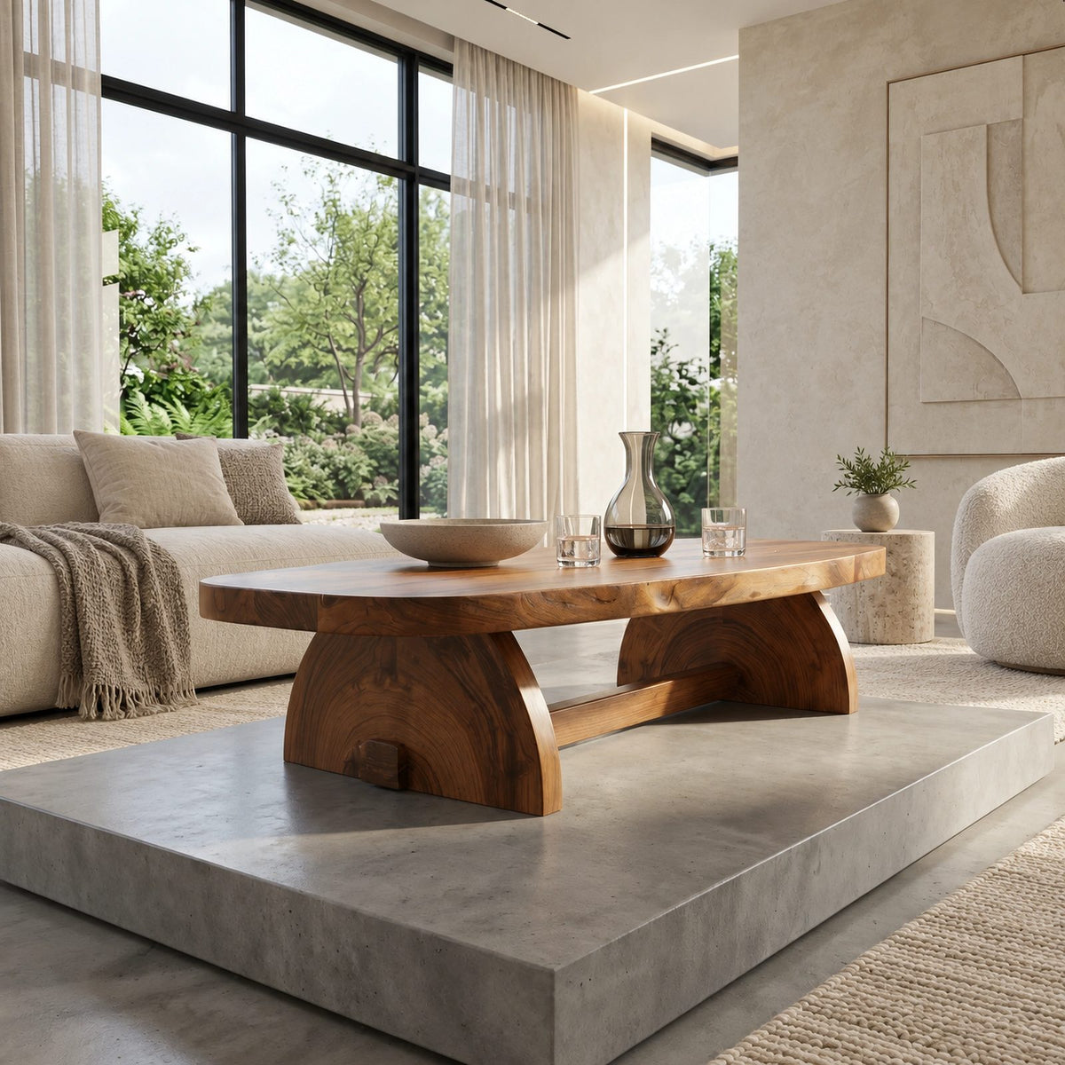Sculptural Oval Coffee Table With Crescent Pedestal Base For Living Room