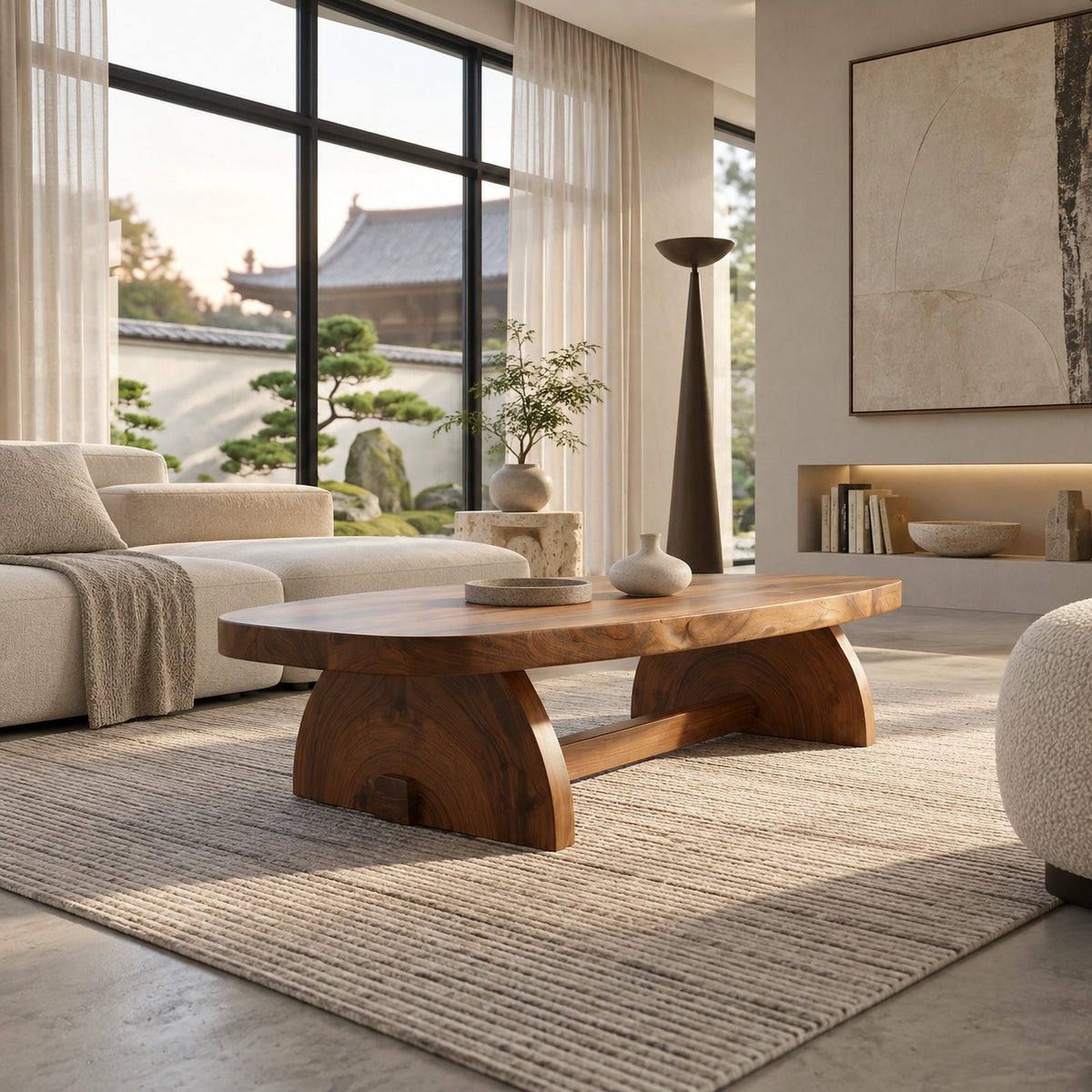 Sculptural Oval Coffee Table With Crescent Pedestal Base For Living Room