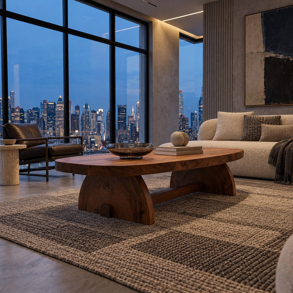 Sculptural Oval Coffee Table With Crescent Pedestal Base For Living Room