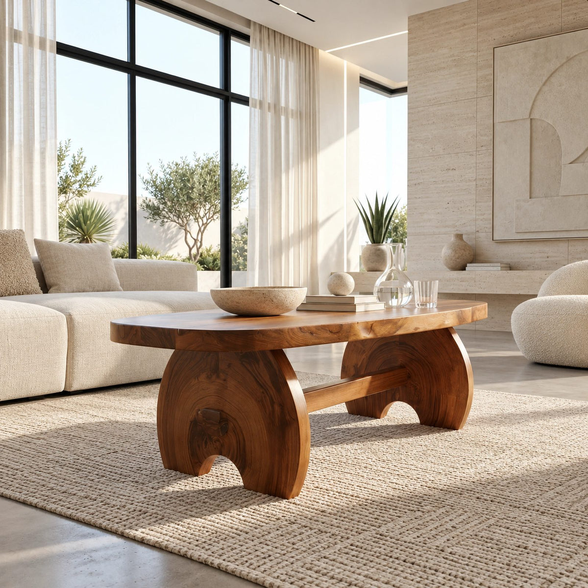 Sculptural Oval Coffee Table With Crescent Pedestal Base For Living Room