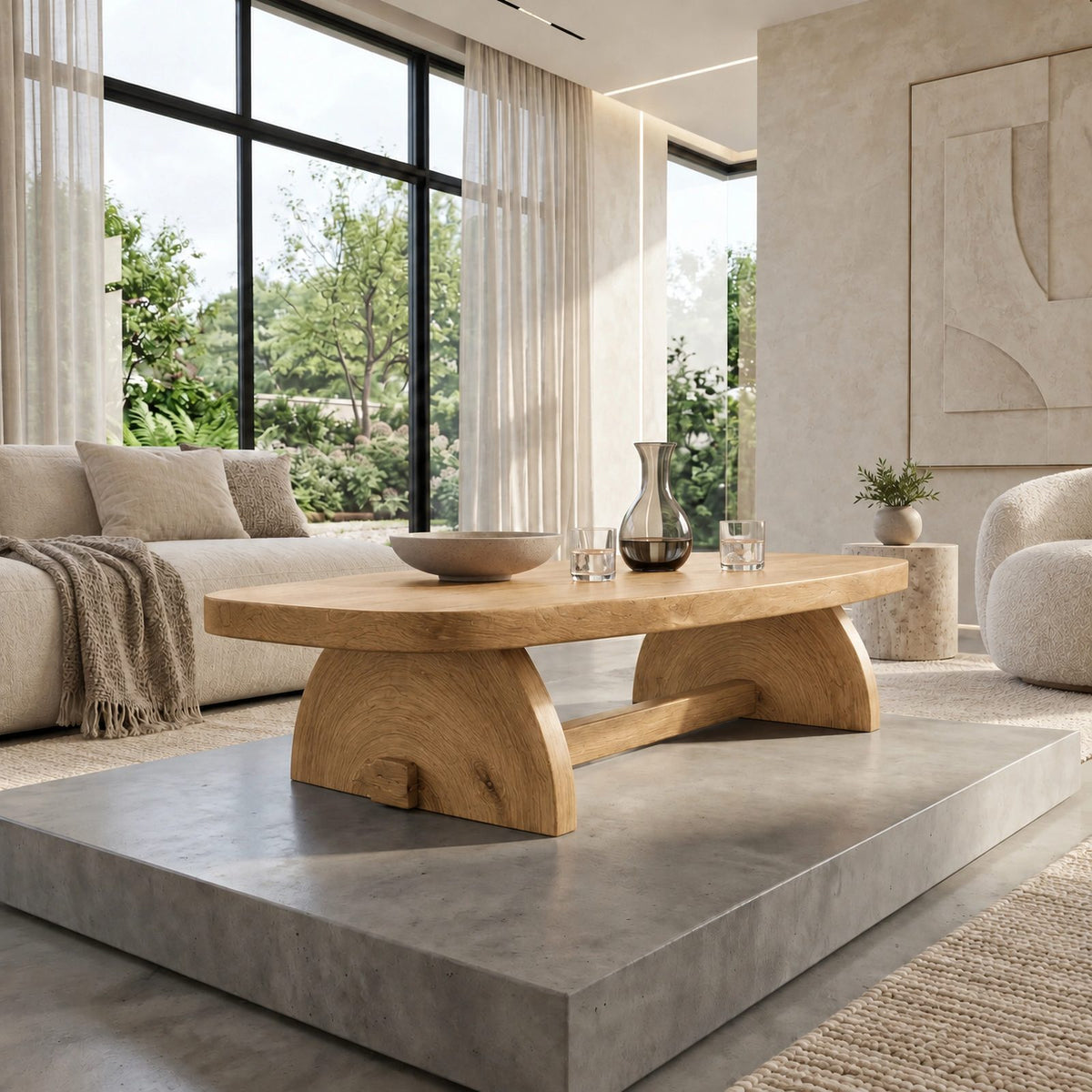 Sculptural Oval Coffee Table With Crescent Pedestal Base For Living Room