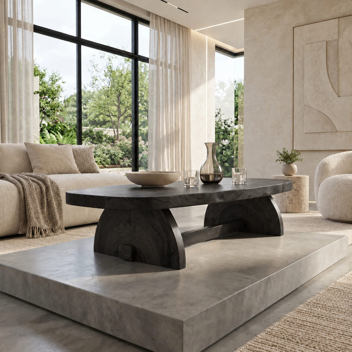 Sculptural Oval Coffee Table With Crescent Pedestal Base For Living Room