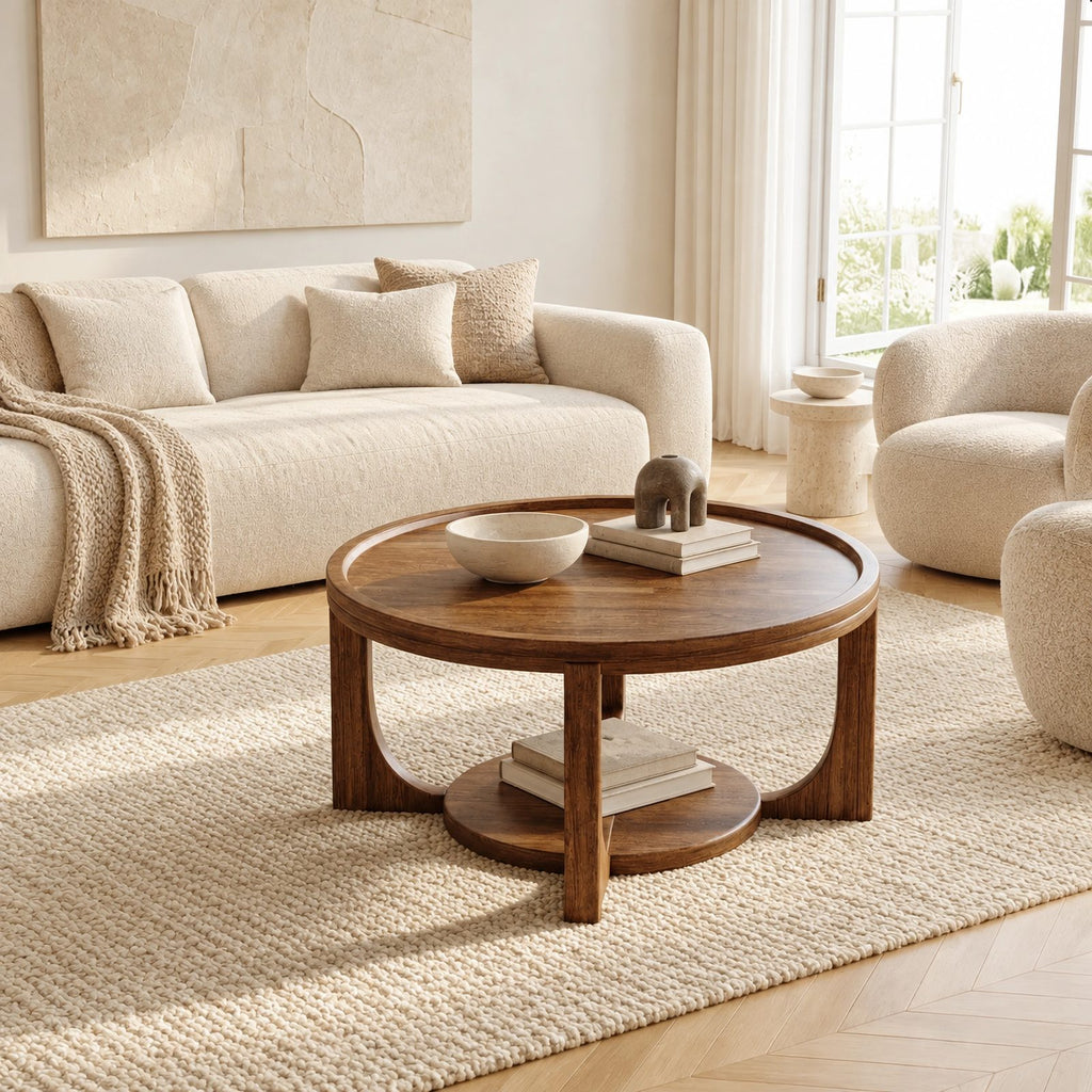 Classic Round Coffee Table With Open Display Shelf For Living Room