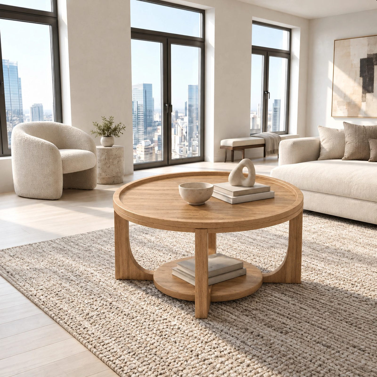 Classic Round Coffee Table With Open Display Shelf For Living Room