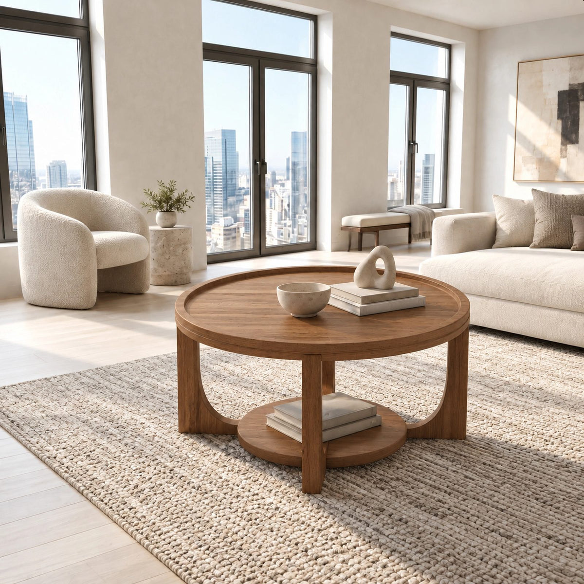 Classic Round Coffee Table With Open Display Shelf For Living Room