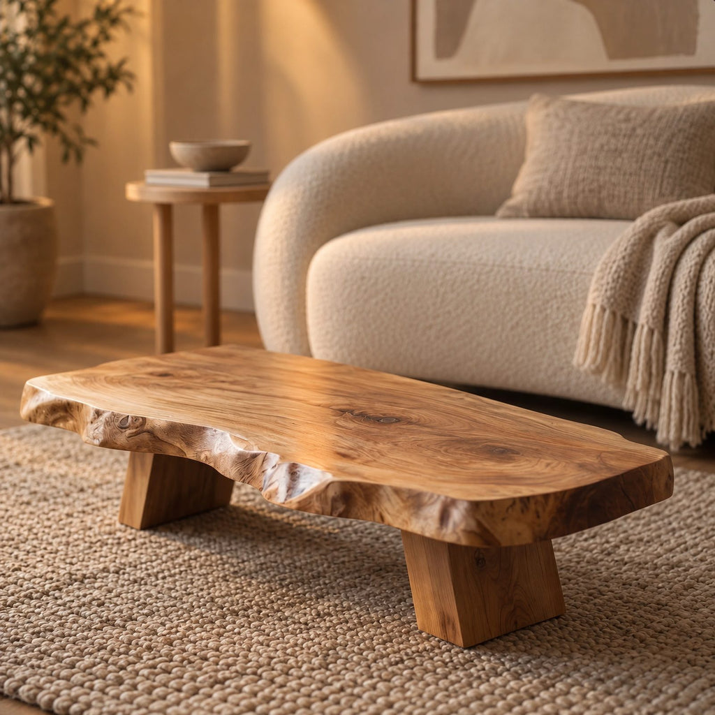 Rustic Live Edge Coffee Table With Low Profile Block Base For Living Room