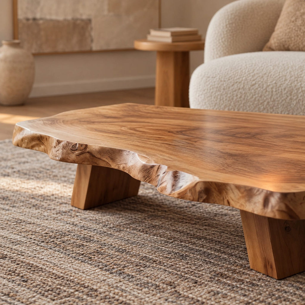 Rustic Live Edge Coffee Table With Low Profile Block Base For Living Room