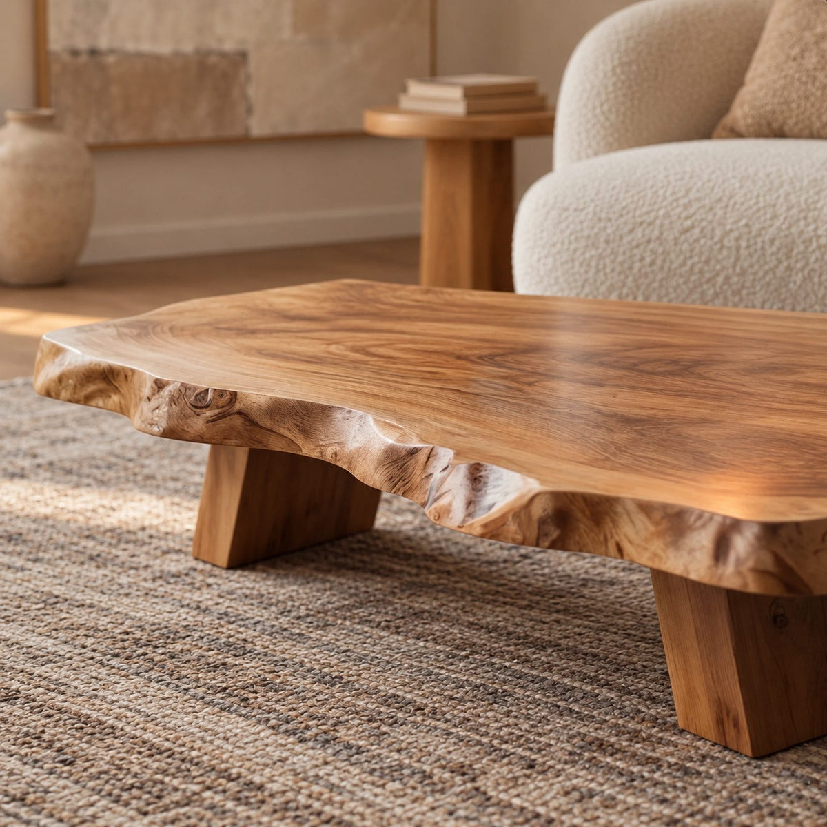 Rustic Live Edge Coffee Table With Low Profile Block Base For Living Room