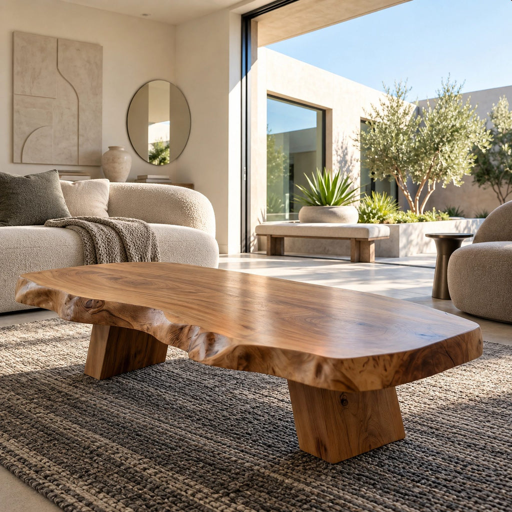 Rustic Live Edge Coffee Table With Low Profile Block Base For Living Room
