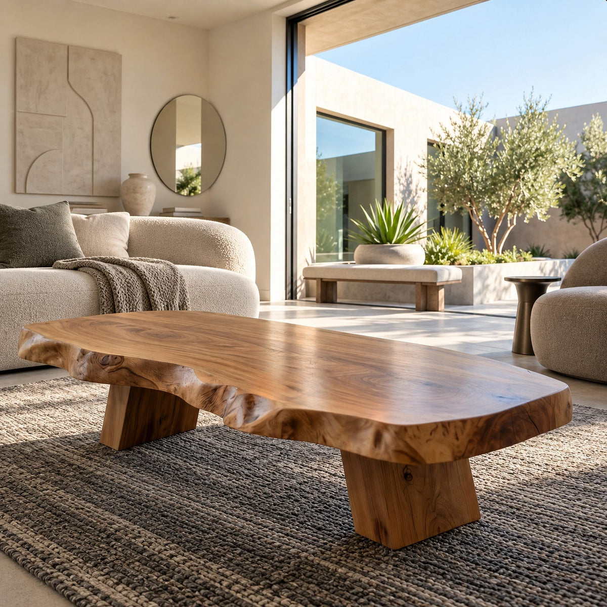 Rustic Live Edge Coffee Table With Low Profile Block Base For Living Room