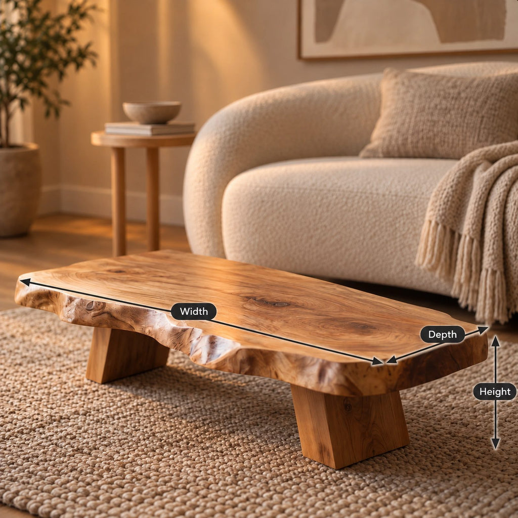 Rustic Live Edge Coffee Table With Low Profile Block Base For Living Room