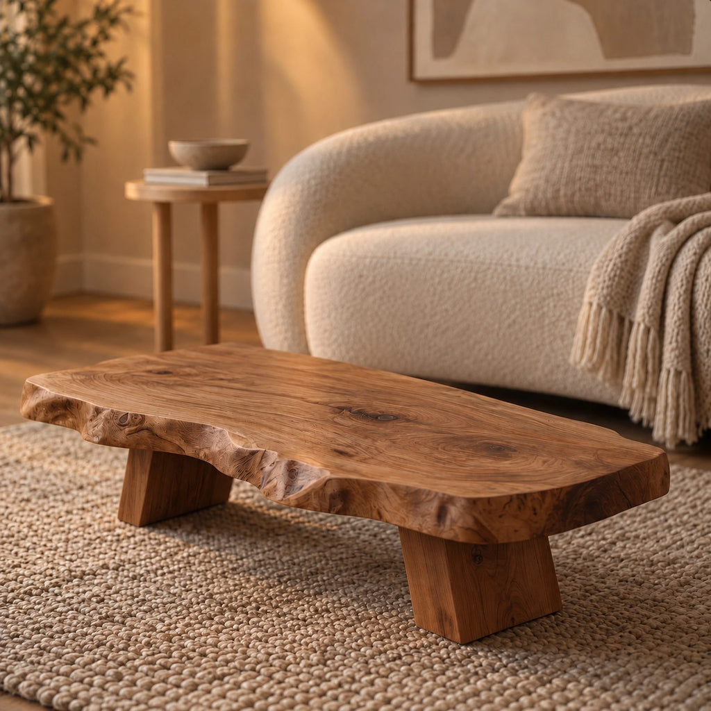 Rustic Live Edge Coffee Table With Low Profile Block Base For Living Room