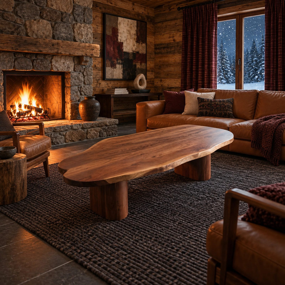 Natural Live Edge Coffee Table With Round Pillar Legs For Living Room