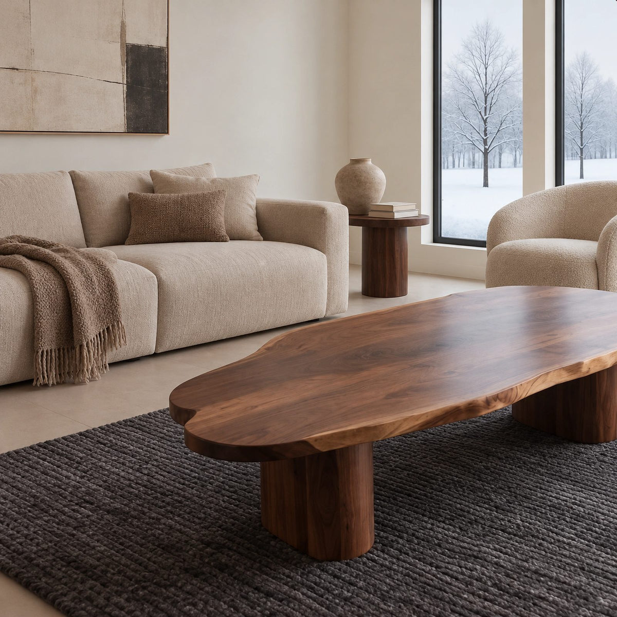 Natural Live Edge Coffee Table With Round Pillar Legs For Living Room