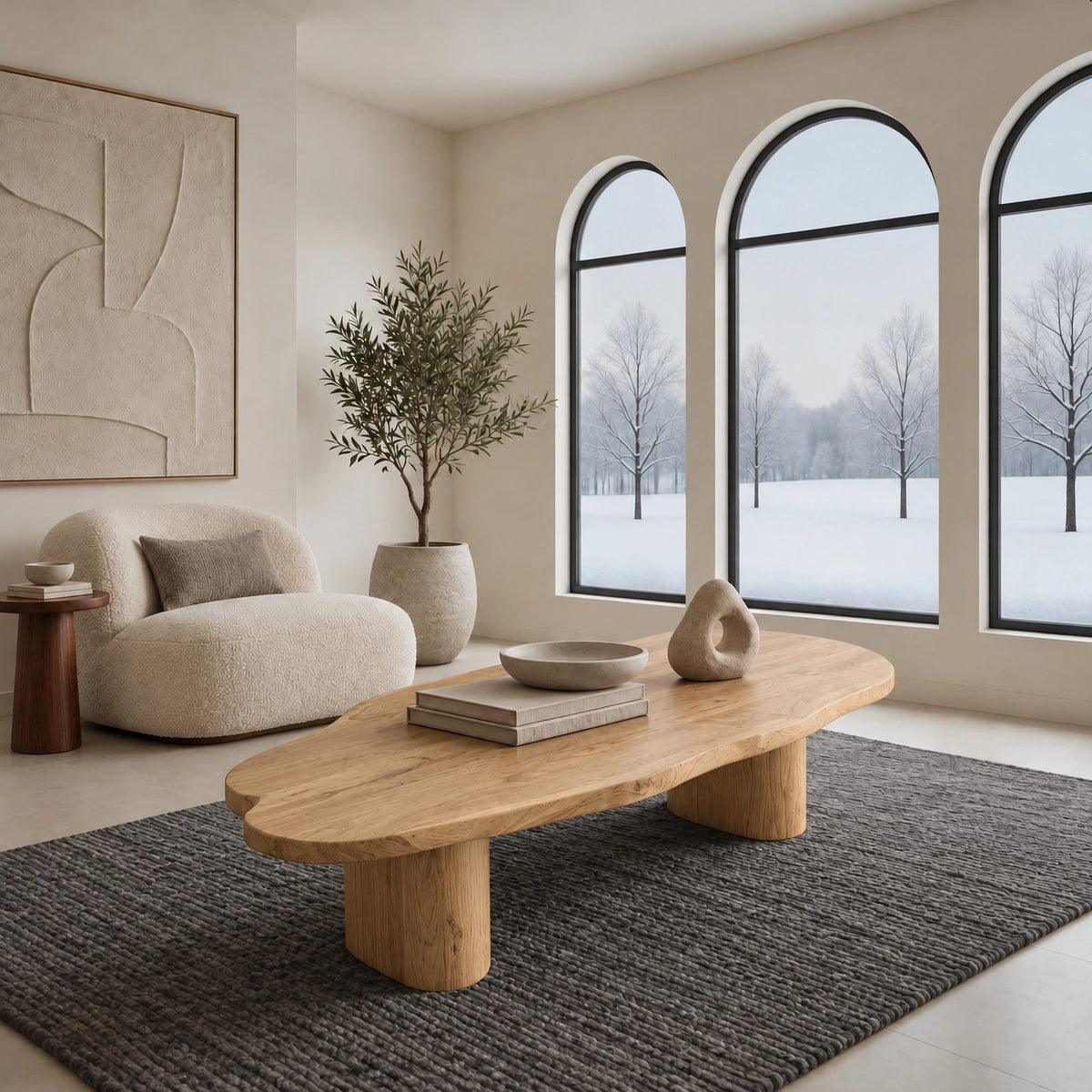 Natural Live Edge Coffee Table With Round Pillar Legs For Living Room