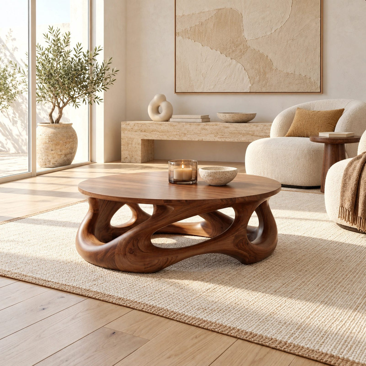 Artisan Oval Coffee Table With Branching Root Base For Living Room