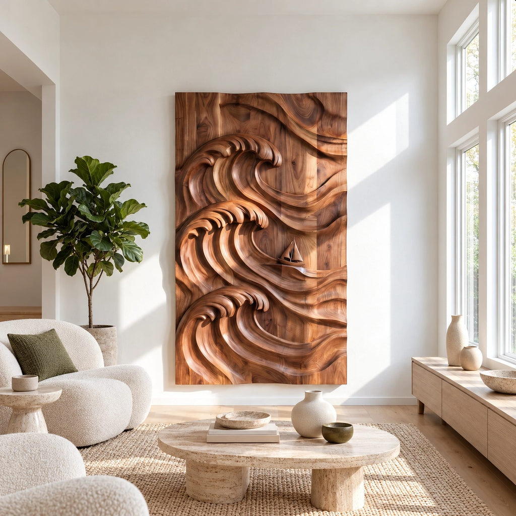 Coastal Hand Carved Ocean Wave Wall Art With Deep Relief For Living Room